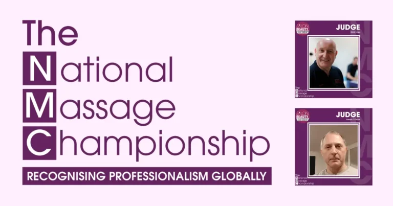 The National Massage Championship logo with The School of Natural Therapies Principal, Marc Innes, and Joseph O'Dwyer, Director of Sport & Remedial Studies, featured as judges