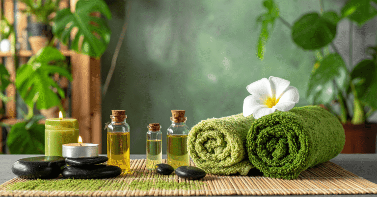Aromatherapy oils and towels at a massage reception